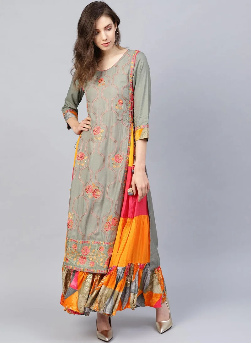 آي شين Women'S Grey 100% Cotton Self Design A-Line Kurta
